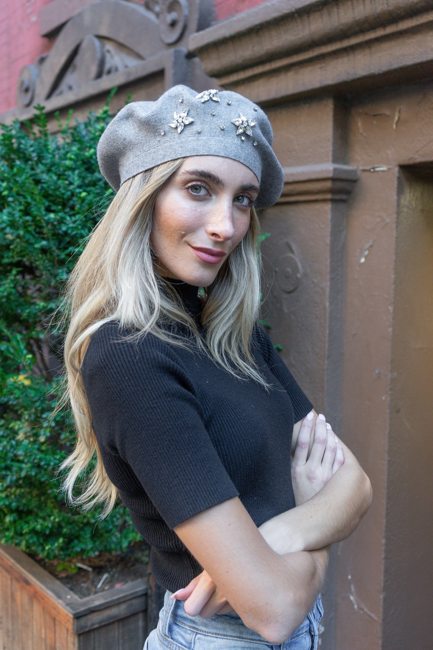 Adrienne Vittadini Rhinestone Star Knit Beret