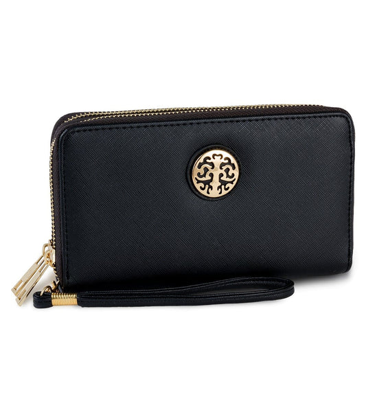 Rebecca & Rifka Vegan Saffiano Leather Medallion Double Zip Around Wristlet Wallet