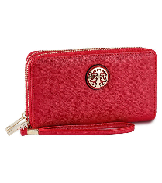 Rebecca & Rifka Vegan Saffiano Leather Medallion Double Zip Around Wristlet Wallet